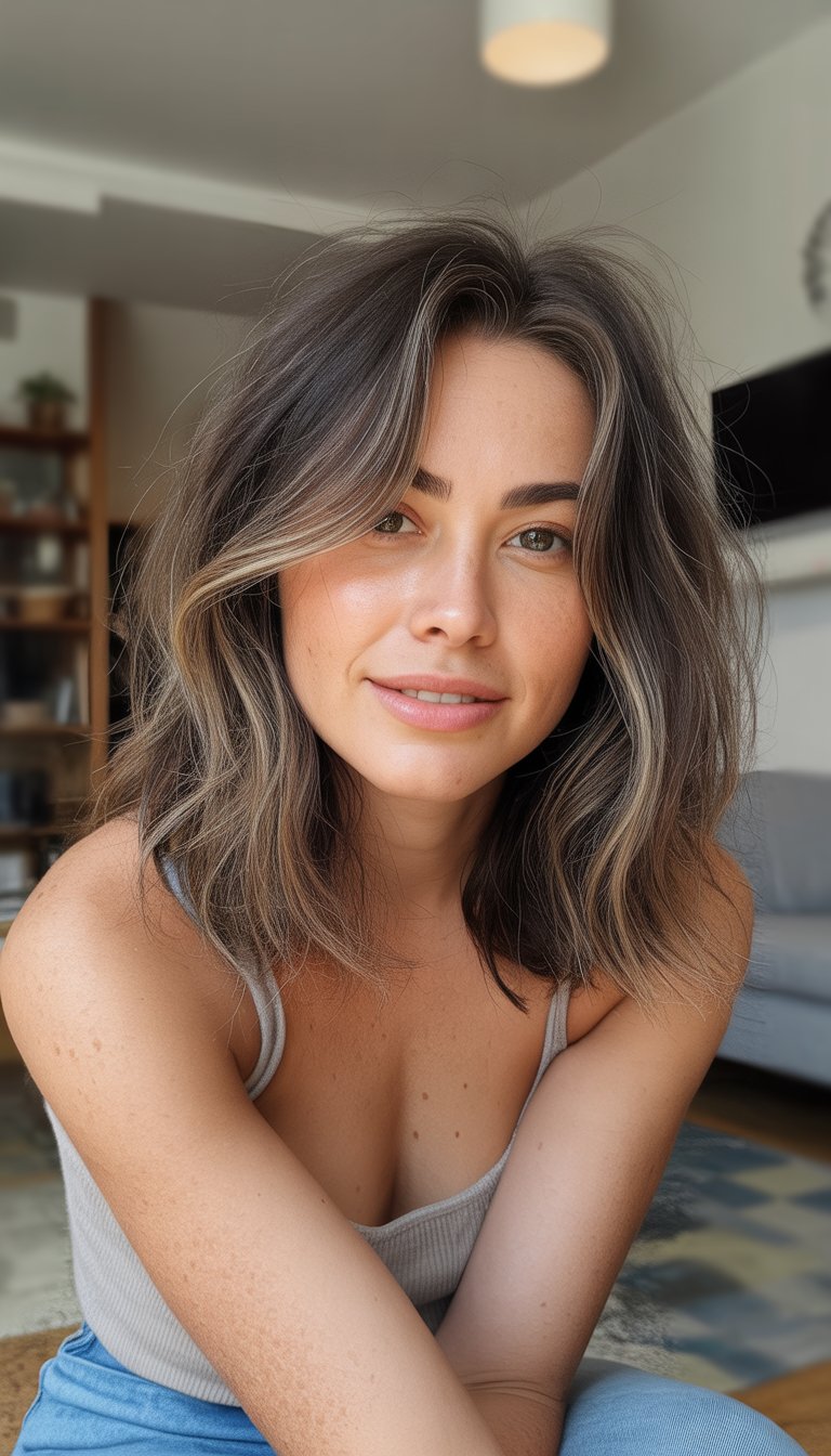 A woman with a wolf haircut and highlights smiling naturally in a casual indoor or outdoor setting.