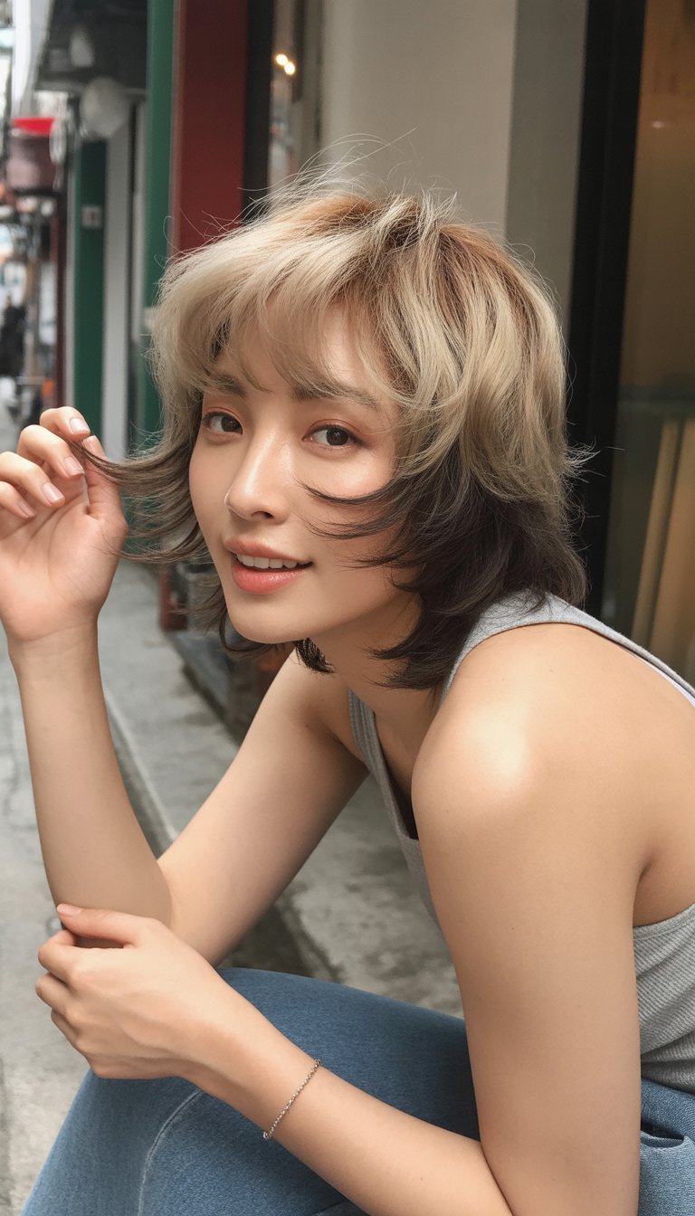 A young Korean woman with layered hair smiling naturally in a casual indoor setting.