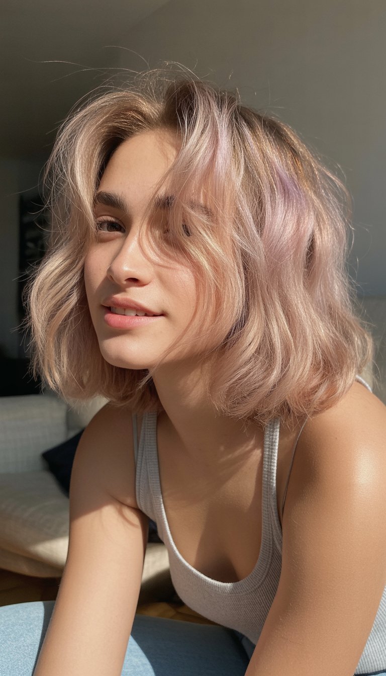 A young woman with pastel pink highlighted hair stands in a casual indoor setting, smiling naturally.