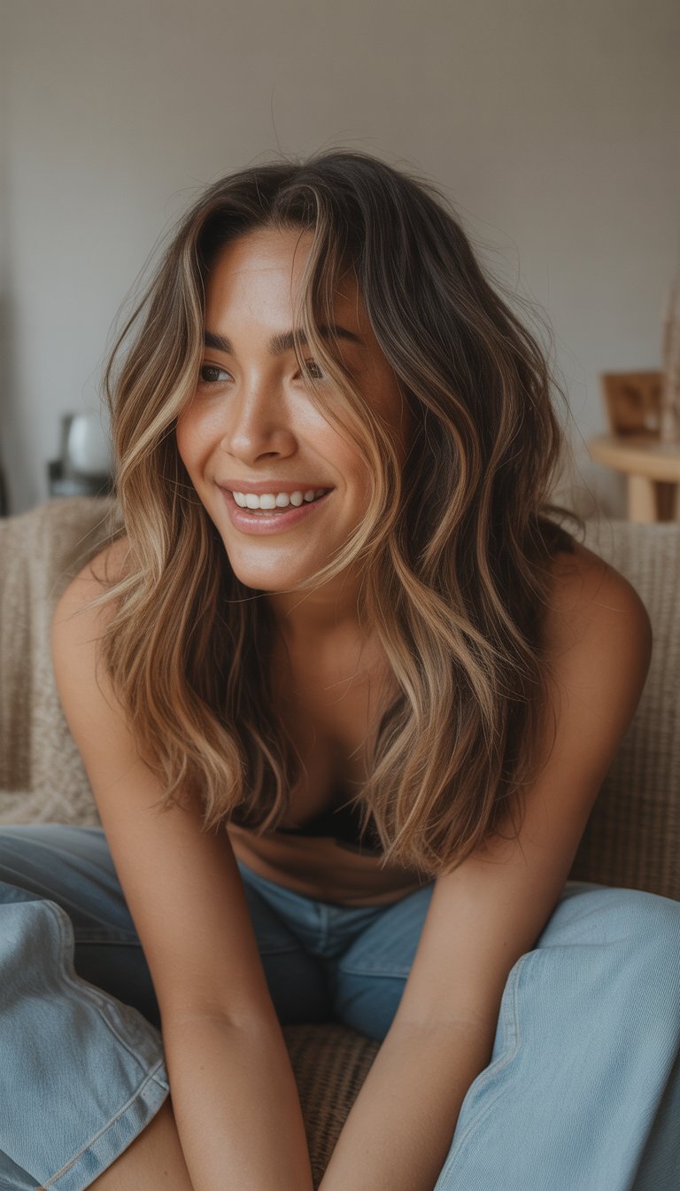 A woman with highlighted hair smiling naturally in a casual indoor setting.