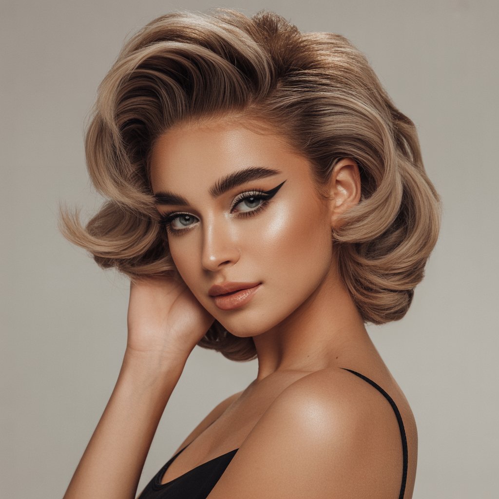 A young woman with bold eyeliner and voluminous hair posing confidently against a plain background.