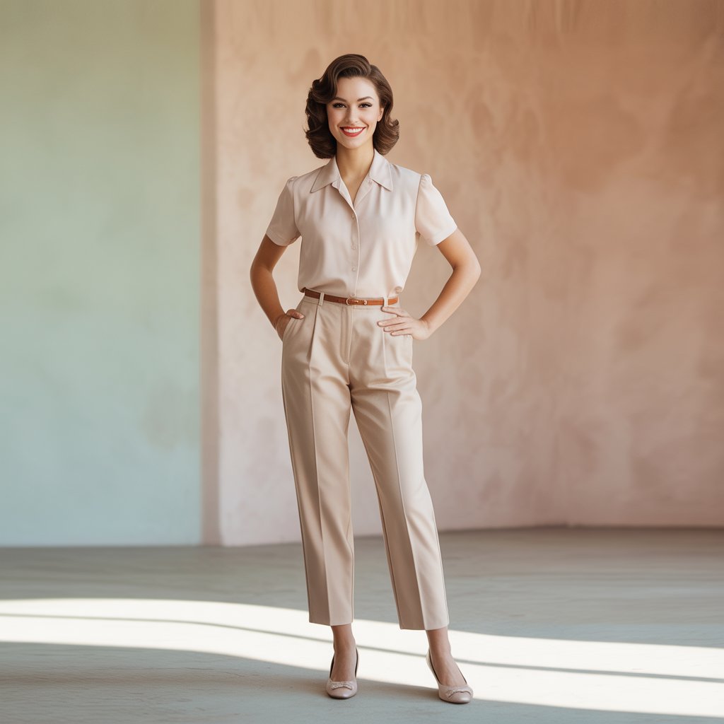 A young woman standing and smiling against a pastel background, wearing fitted pants and a blouse.