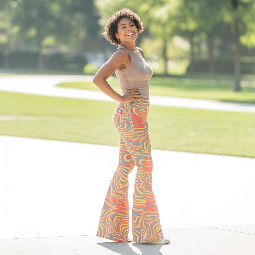 A person standing outdoors in bright daylight wearing colorful patterned bell-bottom pants and a fitted top, smiling with trees and grass in the background.