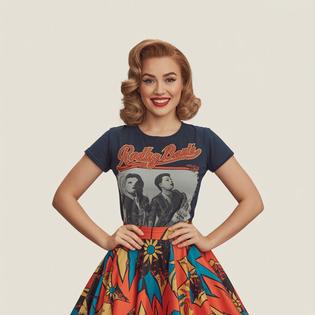 A young woman standing confidently against a plain background, wearing a patterned skirt and a graphic t-shirt, smiling slightly with styled hair.