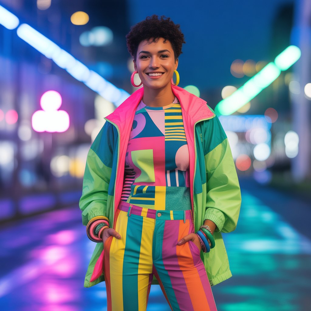 A young adult standing confidently in colorful clothing with bright city lights in the background.