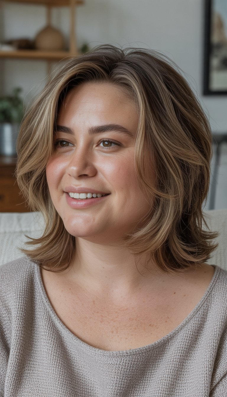 A woman with a layered medium shag haircut is smiling naturally in a casual indoor setting.