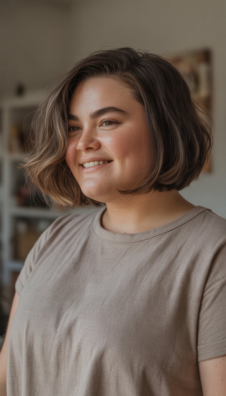 A woman with an angled bob haircut smiling naturally in a casual indoor setting.
