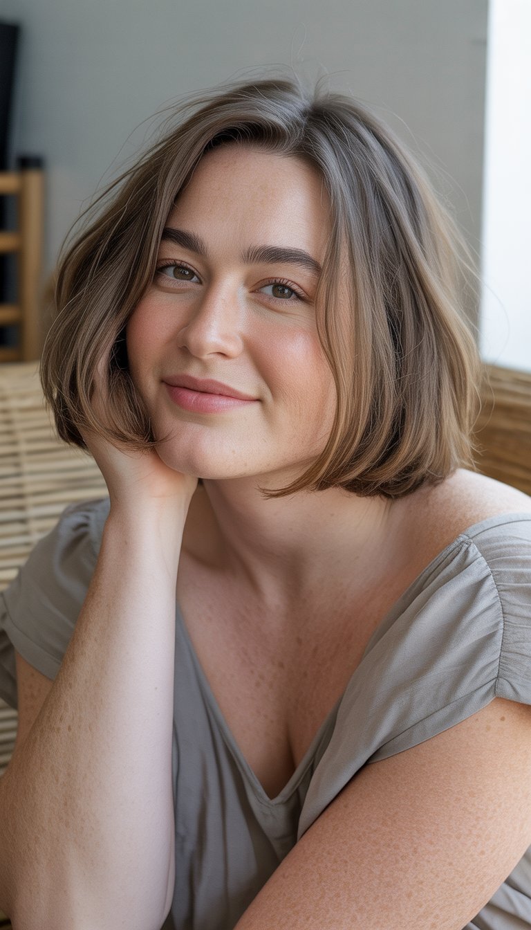 A woman with a short layered haircut smiles softly while sitting outdoors in casual clothing.