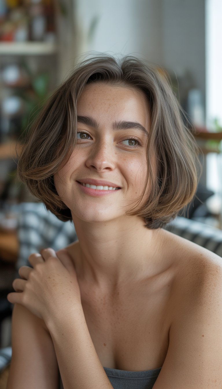 A young woman with short feathered bob haircut smiling naturally in a casual indoor setting.