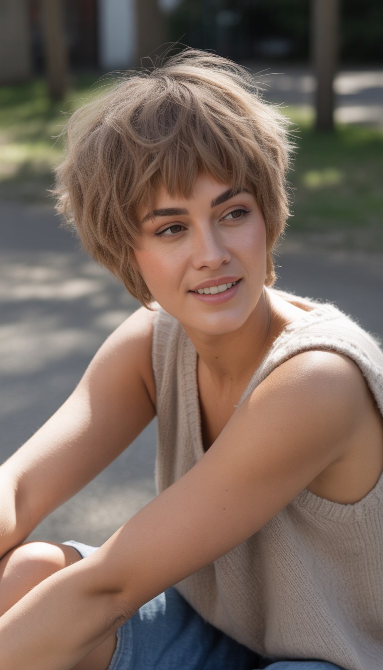 A young woman with layered hair standing outdoors in casual clothes, smiling naturally in a relaxed setting.