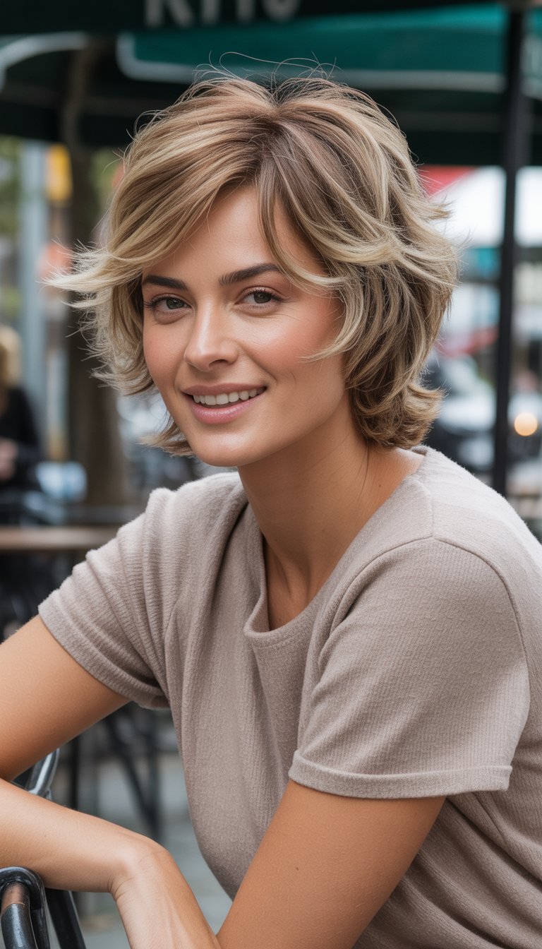 A woman with layered hair standing outdoors in casual clothes, smiling naturally in a relaxed setting.