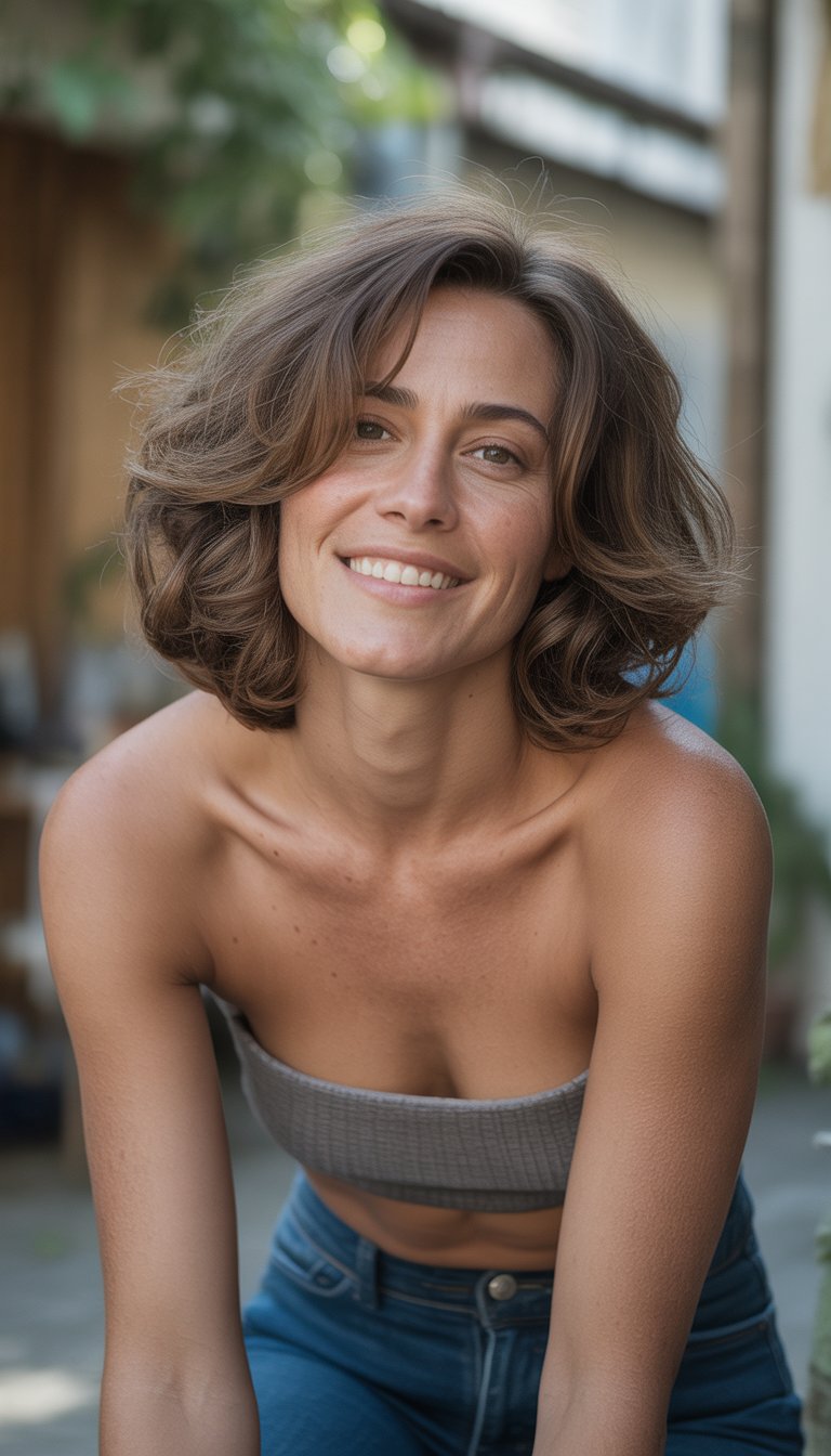 A woman with a shag haircut smiling naturally in a casual indoor or outdoor setting.