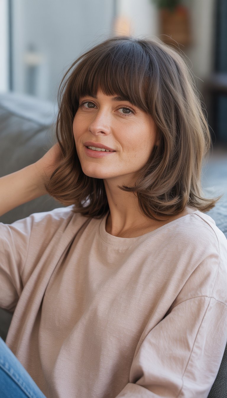 A woman with mid-length shag haircut and bangs smiling naturally in a casual indoor setting.