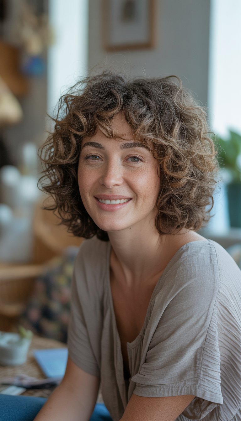 A woman with curly hair smiling naturally in a casual indoor setting.