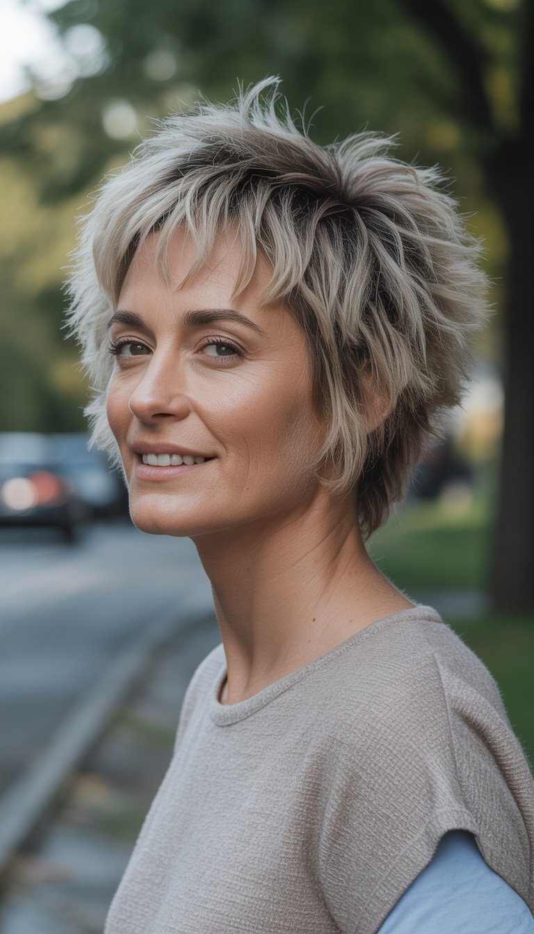 A woman with a shaggy hairstyle stands outdoors in casual clothes, looking relaxed in a natural setting.