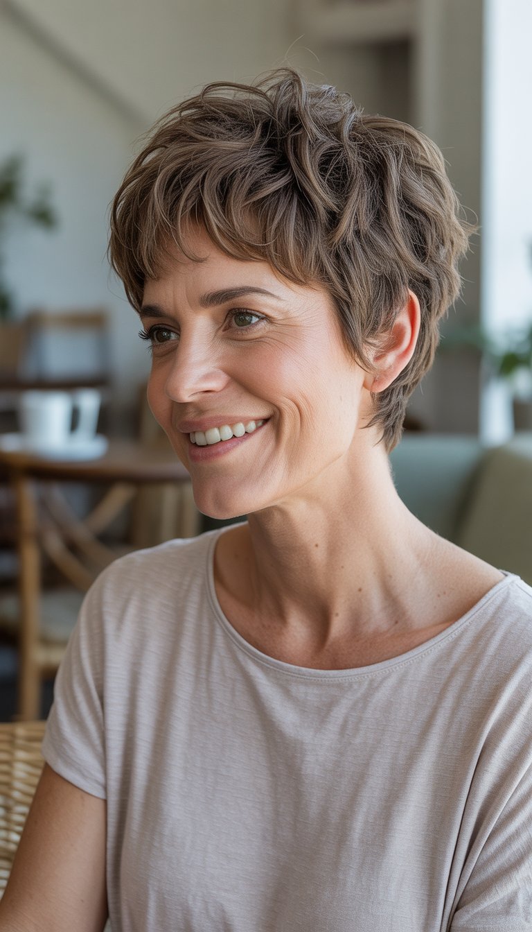 A woman with short tousled hair smiles naturally in a softly lit, casual indoor setting.