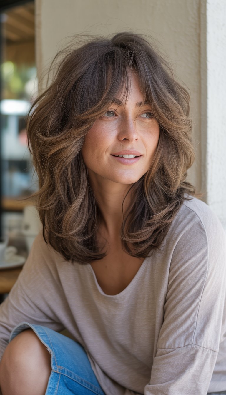 A woman with layered shag hairstyle casually posing outdoors with a relaxed expression and soft natural lighting.