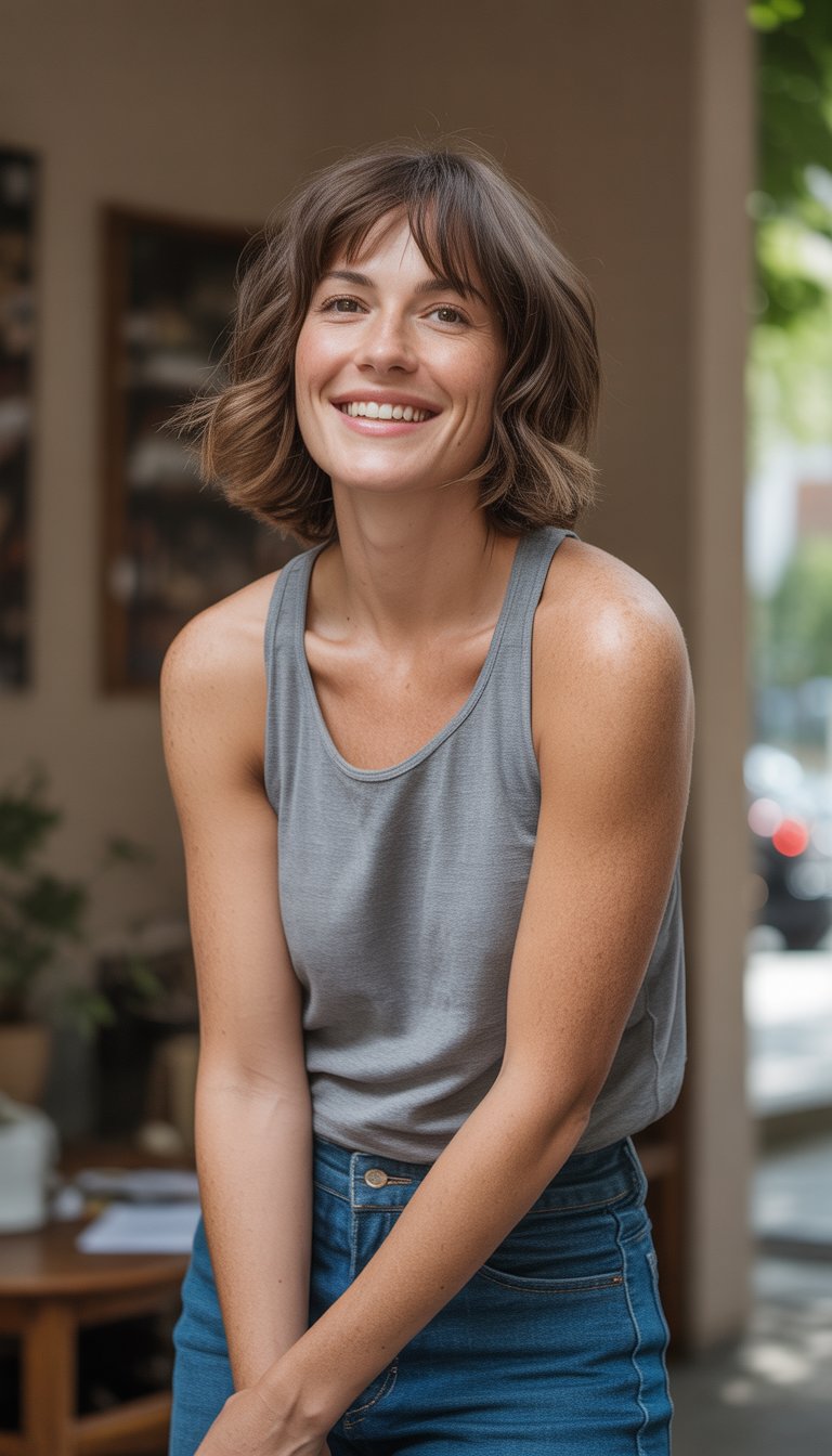 A woman with medium-length hair is casually standing or sitting in a natural everyday setting, wearing casual clothes and showing a relaxed expression.