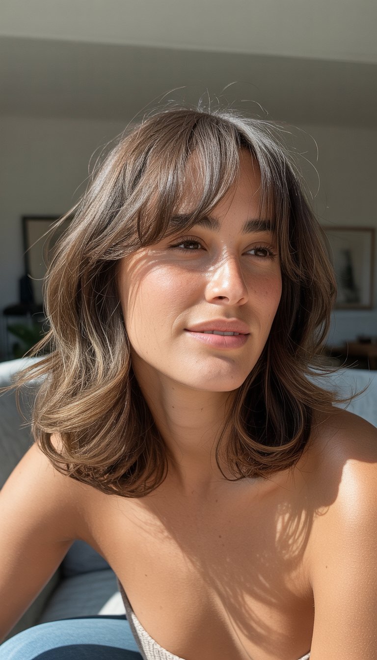 A woman with wispy bangs and layered hair smiling naturally in a casual indoor setting.
