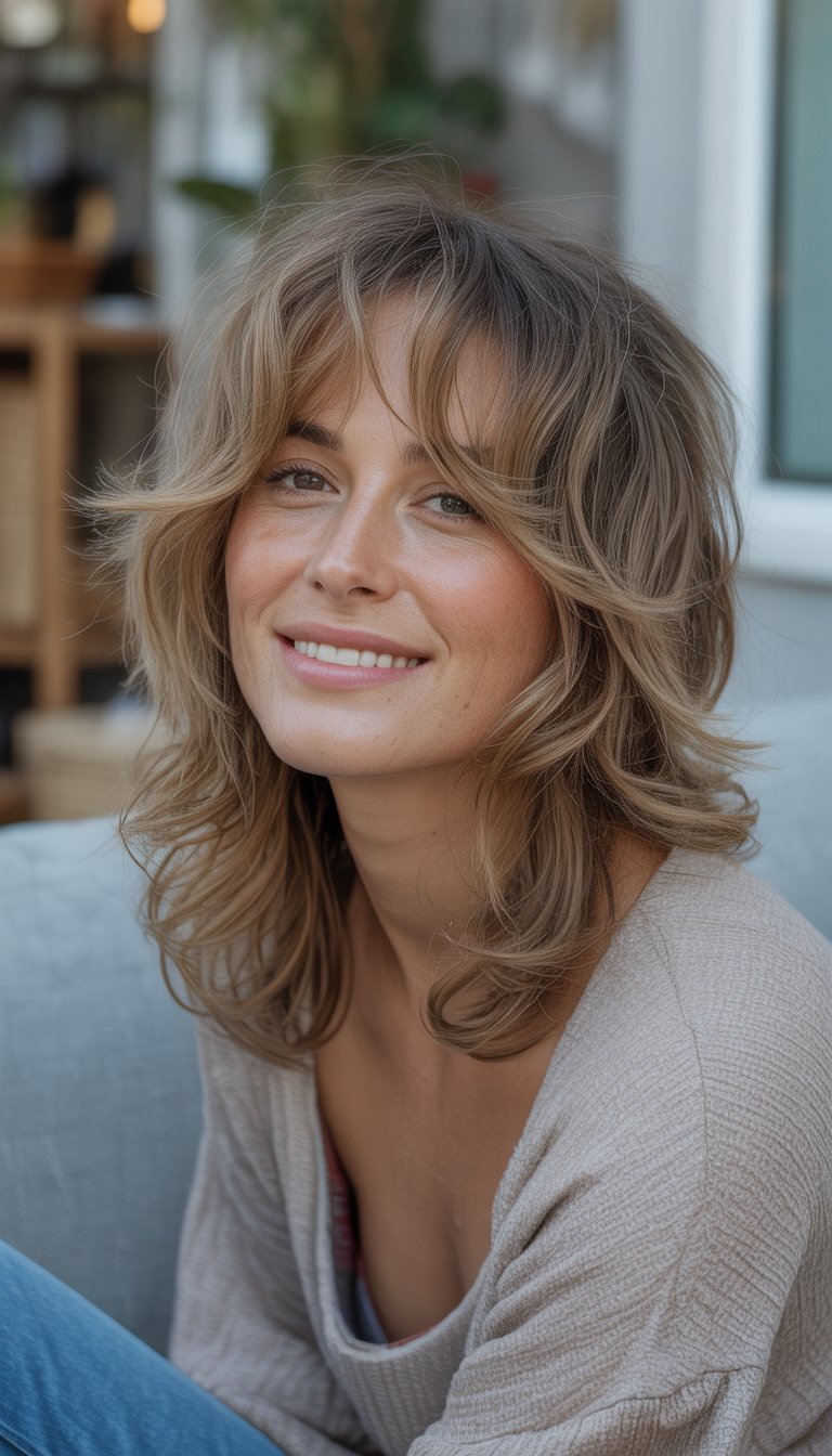 A woman with layered shoulder-length hair smiling naturally in a casual indoor setting.