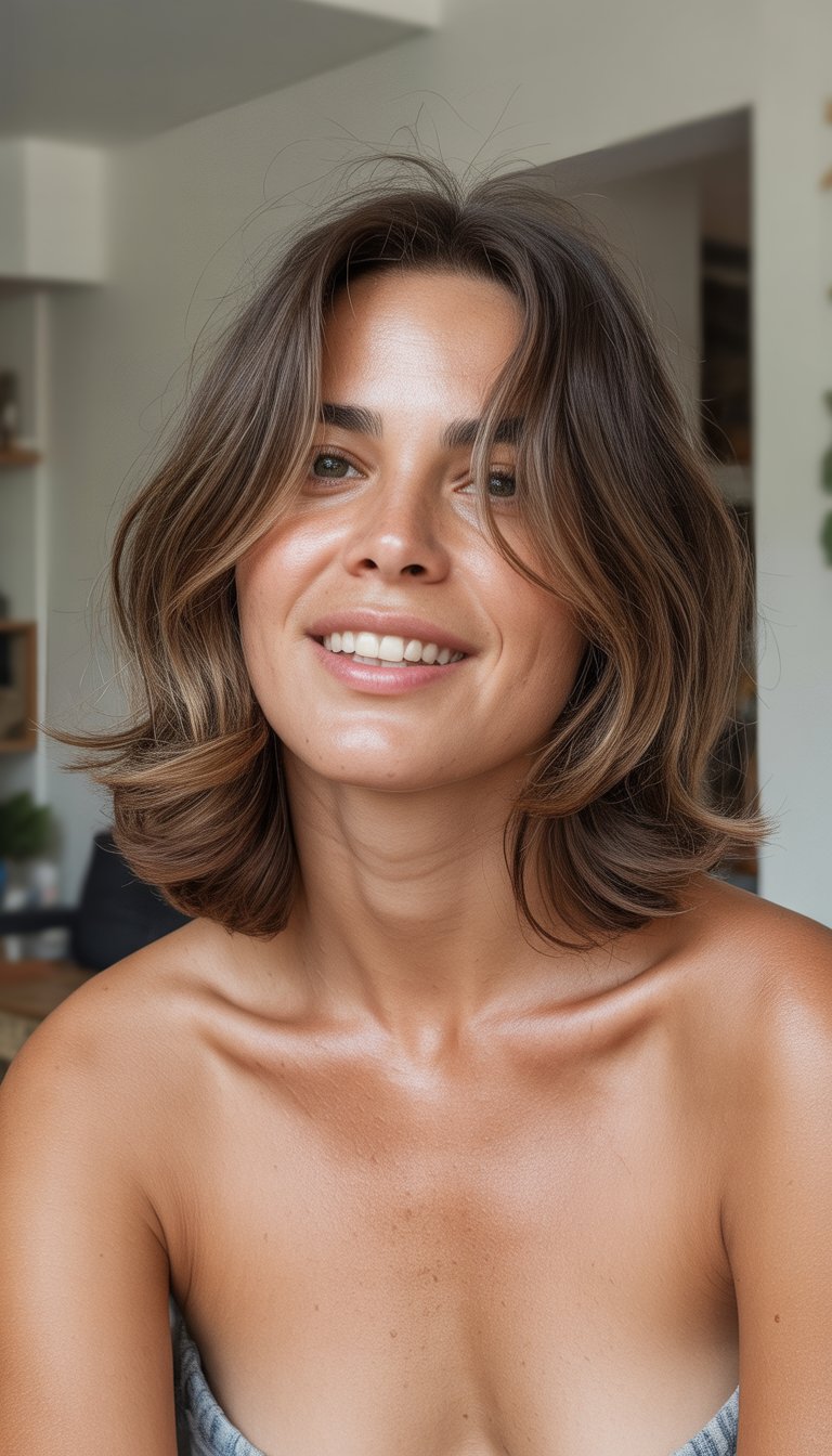 A woman with medium-length shag haircut standing in a casual indoor setting, smiling naturally.