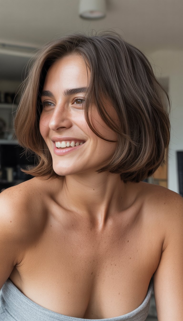 A woman with medium-length hair parted deeply to one side, standing in a casual indoor or outdoor setting, wearing everyday clothes and smiling naturally.
