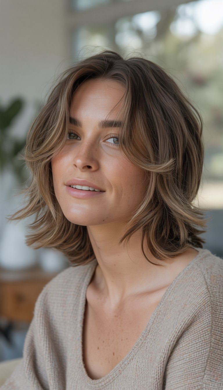 A woman with medium-length layered hair smiling naturally in a casual indoor setting.