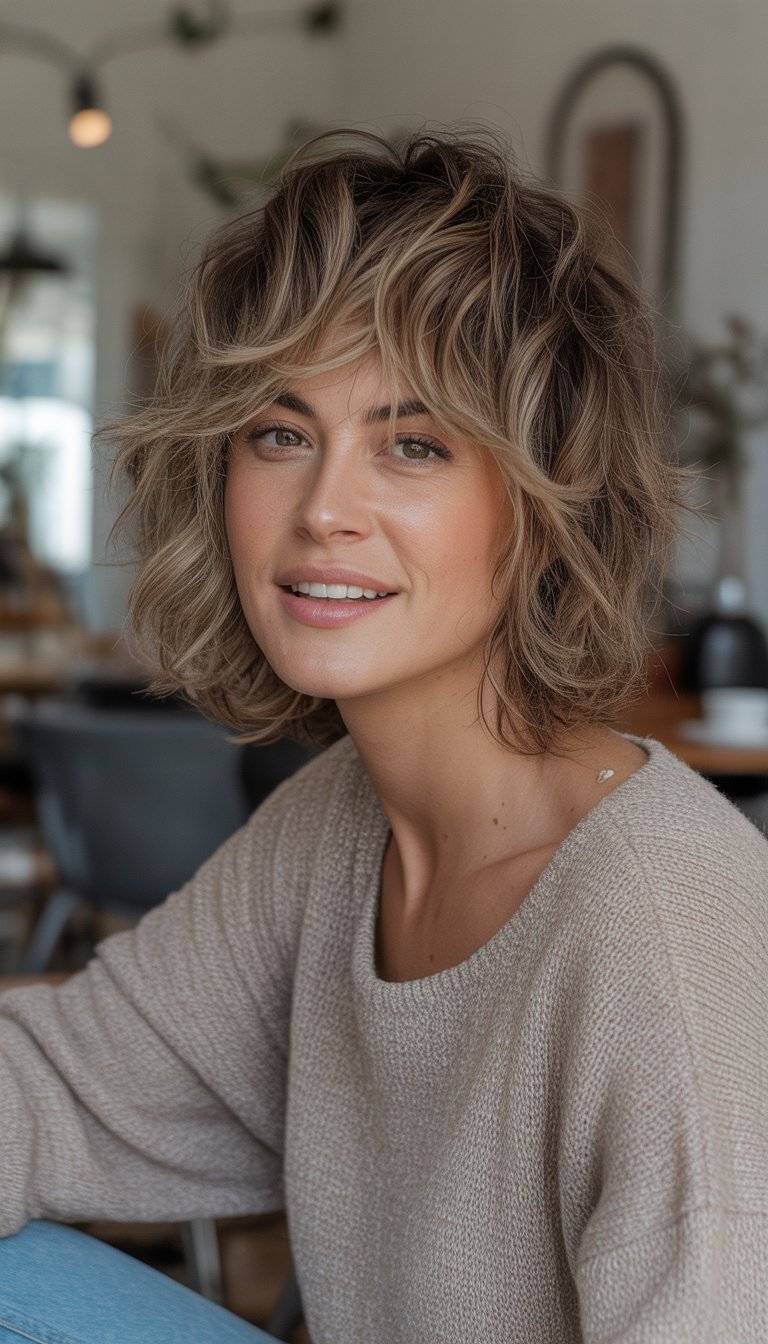A woman with a tousled medium-length haircut is sitting casually in a simple indoor setting, wearing casual clothes and smiling naturally.