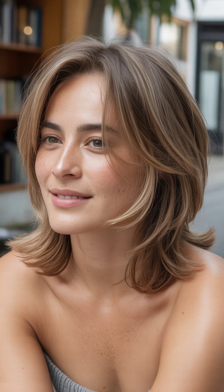 A woman with medium-length layered hair sitting casually in a relaxed, everyday setting.