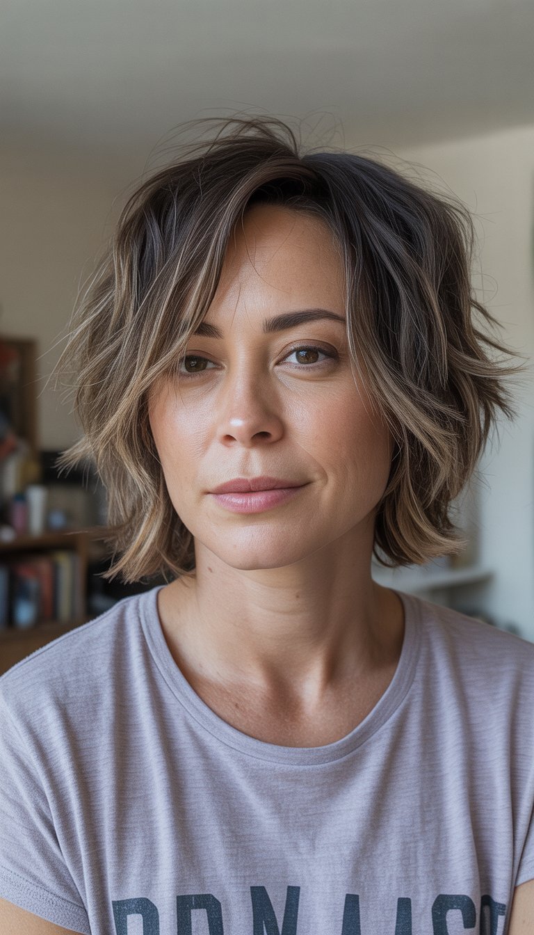 A woman with medium-length layered hair stands in a casual indoor setting, wearing comfortable clothes and looking naturally at the camera.