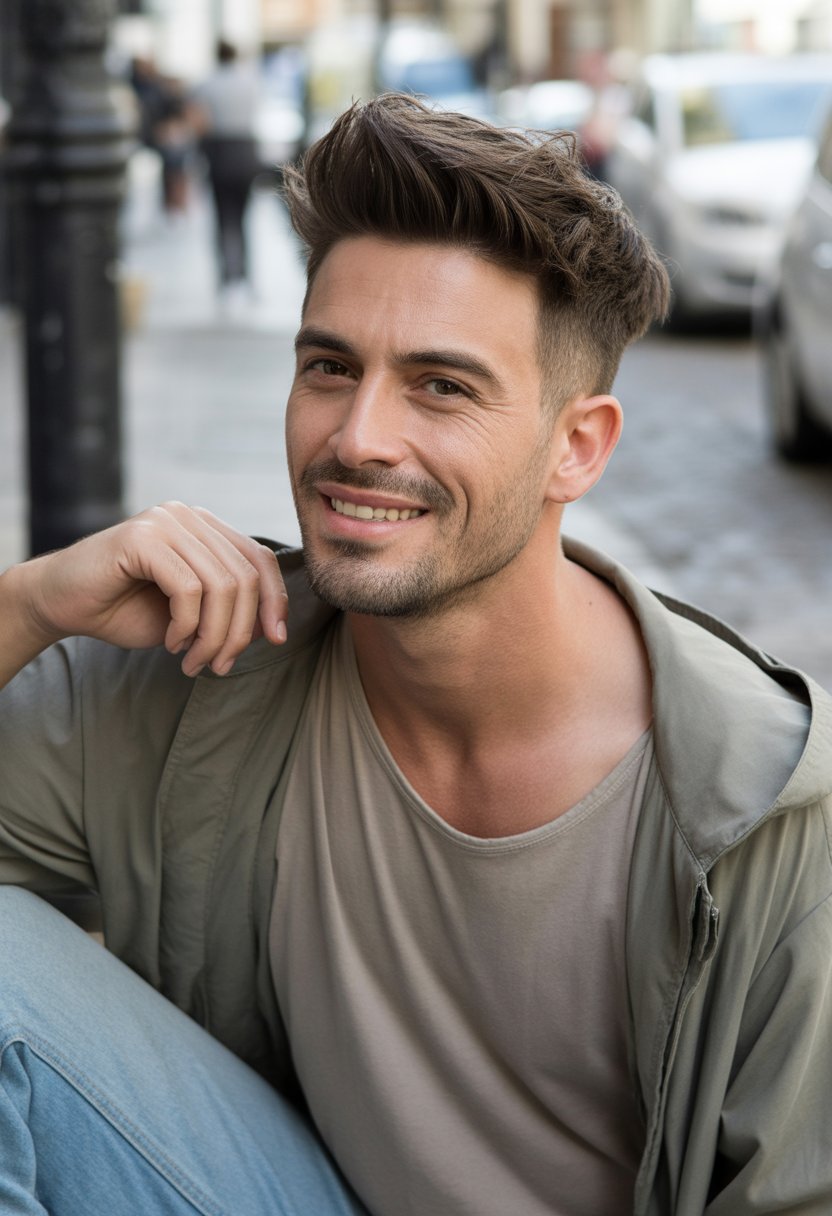 A man with a wolf cut hairstyle wearing casual clothes, standing outdoors with a relaxed expression.