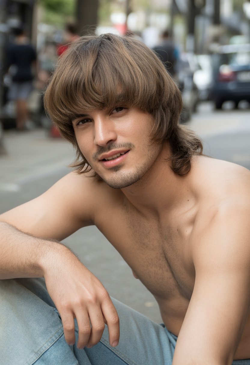 A young man with a layered hairstyle stands casually in an everyday setting, wearing casual clothes and looking relaxed.