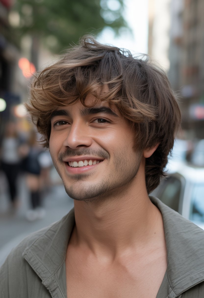 A young man with a shaggy layered haircut standing casually in an everyday outdoor setting, looking relaxed and natural.
