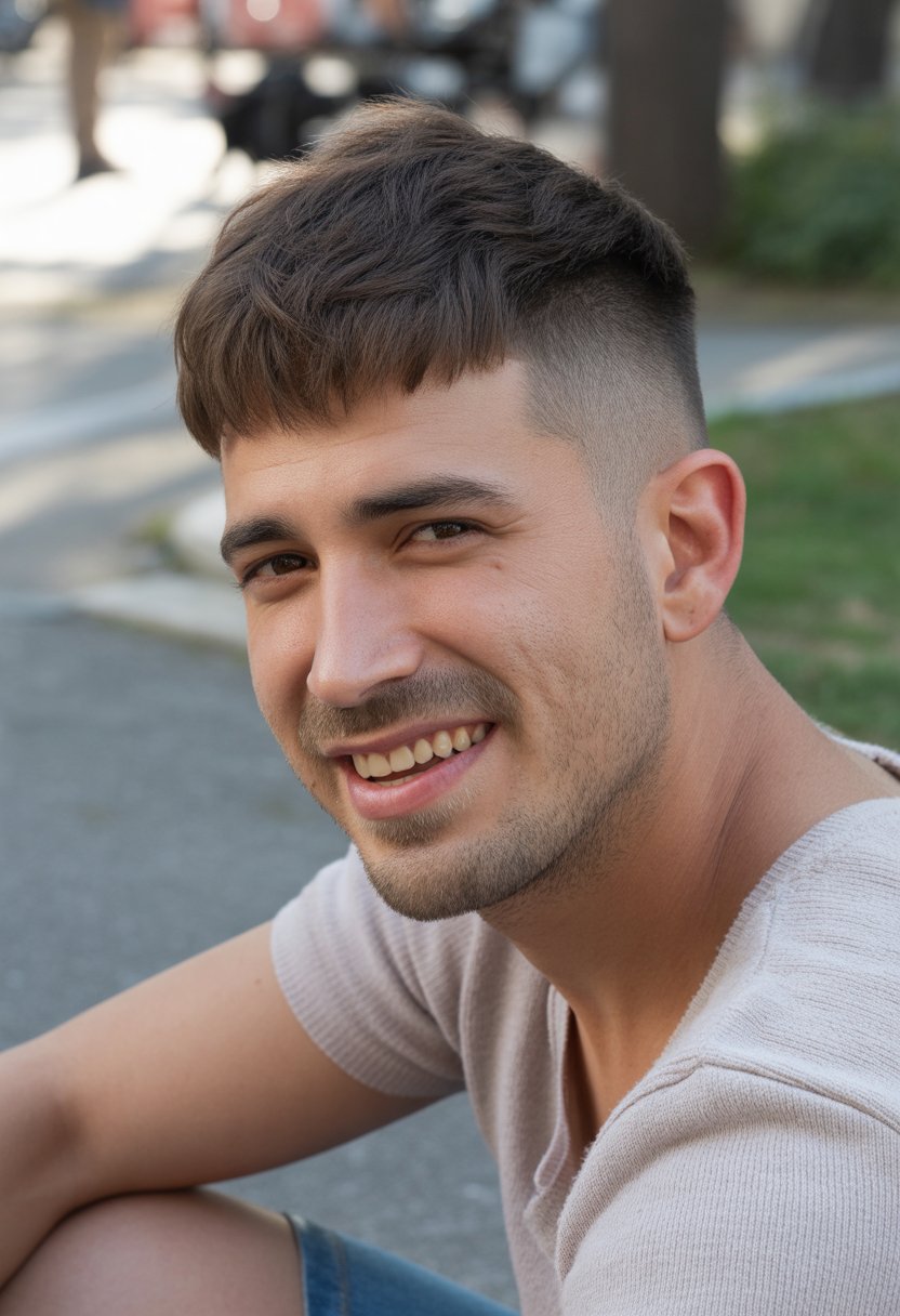 A young man with a wolf cut hairstyle stands casually in an everyday setting, wearing casual clothes and looking relaxed.