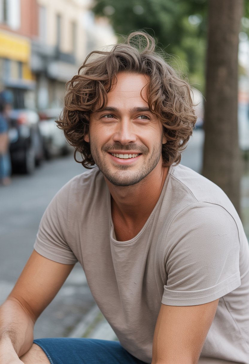 A man with wavy hair stands casually outdoors wearing a t-shirt, looking relaxed and natural.