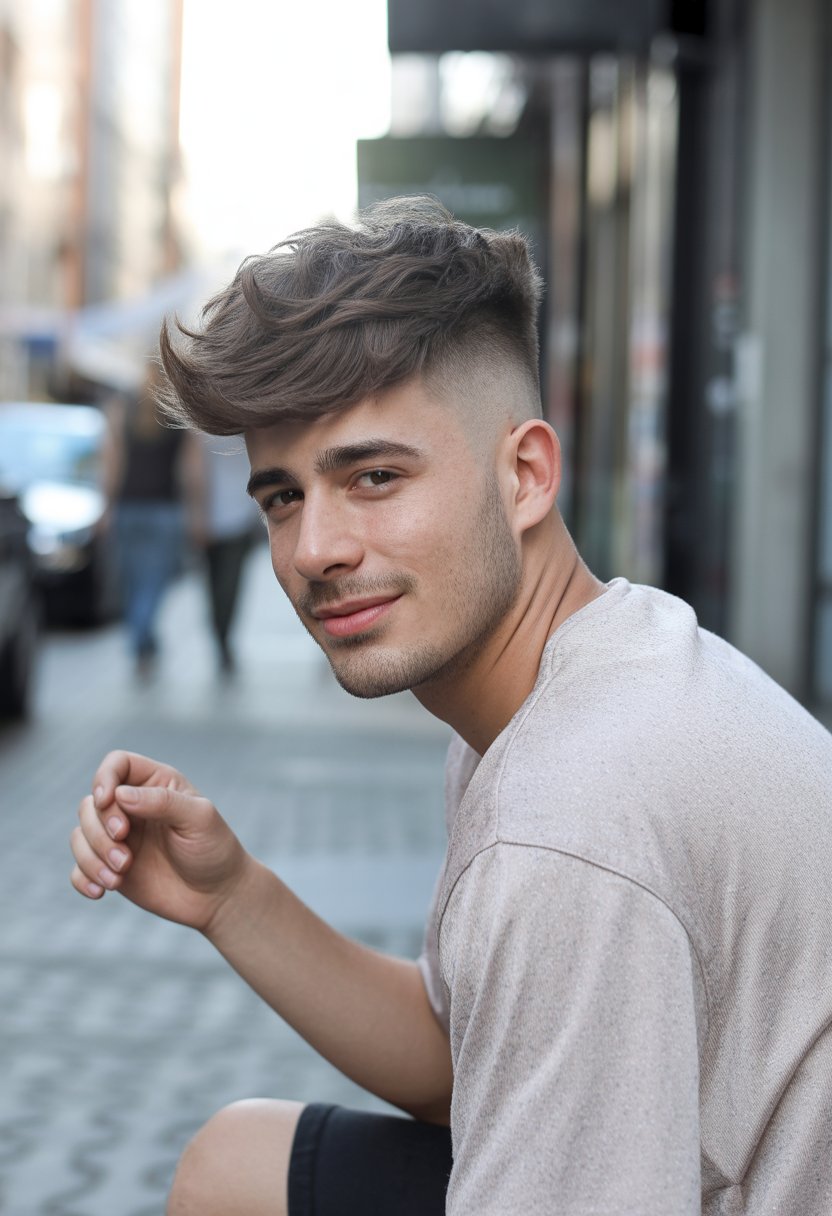 A young man with a stylish haircut stands casually in an everyday outdoor setting, wearing casual clothes and looking relaxed and natural.