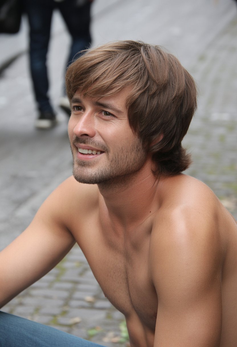 A man with a layered wolf cut hairstyle and side part casually standing outdoors with a relaxed expression, wearing casual clothes.