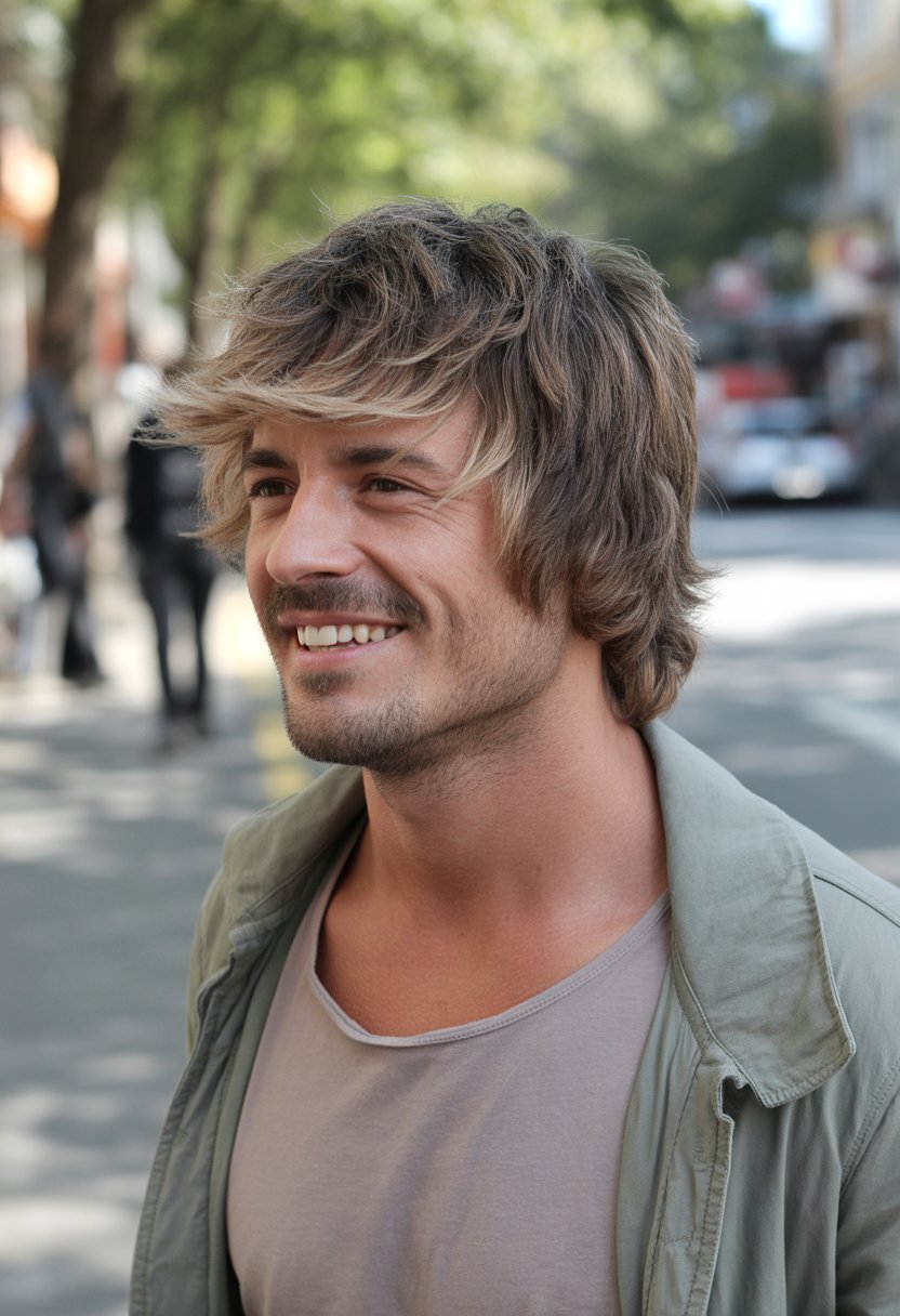 A man with a layered hairstyle standing outdoors in casual clothes, looking relaxed and natural.