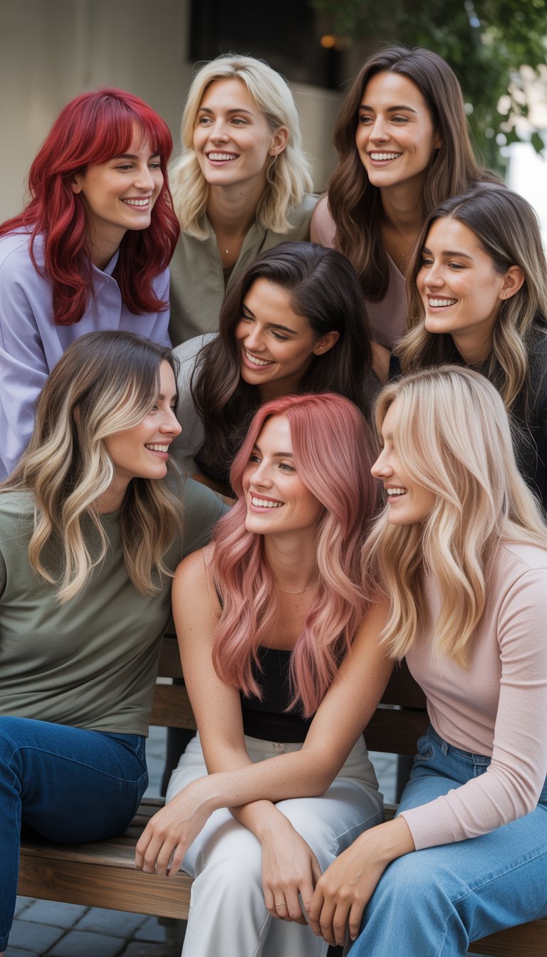 A group of women with different hair colors casually spending time together outdoors, smiling and interacting naturally.