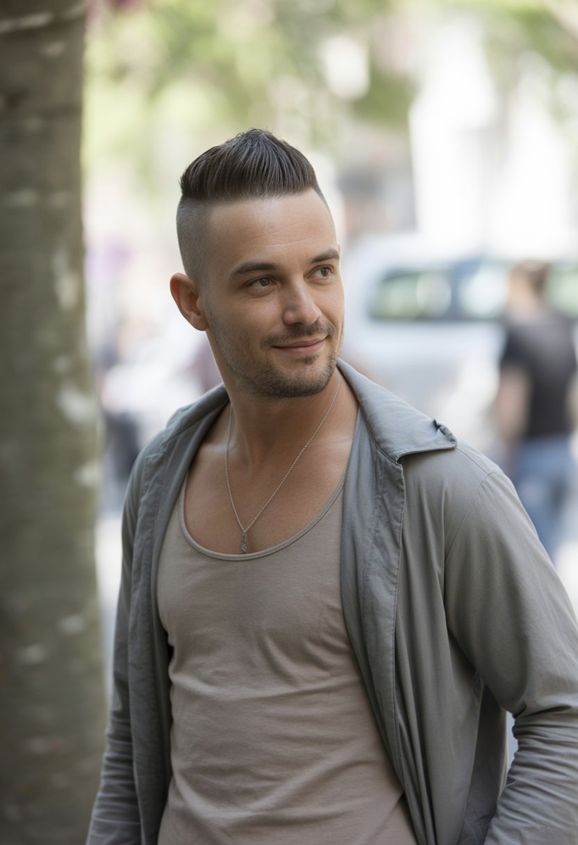 A man with a slicked-back hairstyle stands casually outdoors, wearing a t-shirt and looking relaxed.