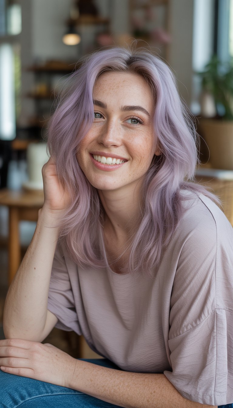 A woman with pastel lilac hair sitting casually in a relaxed, everyday setting, smiling gently.