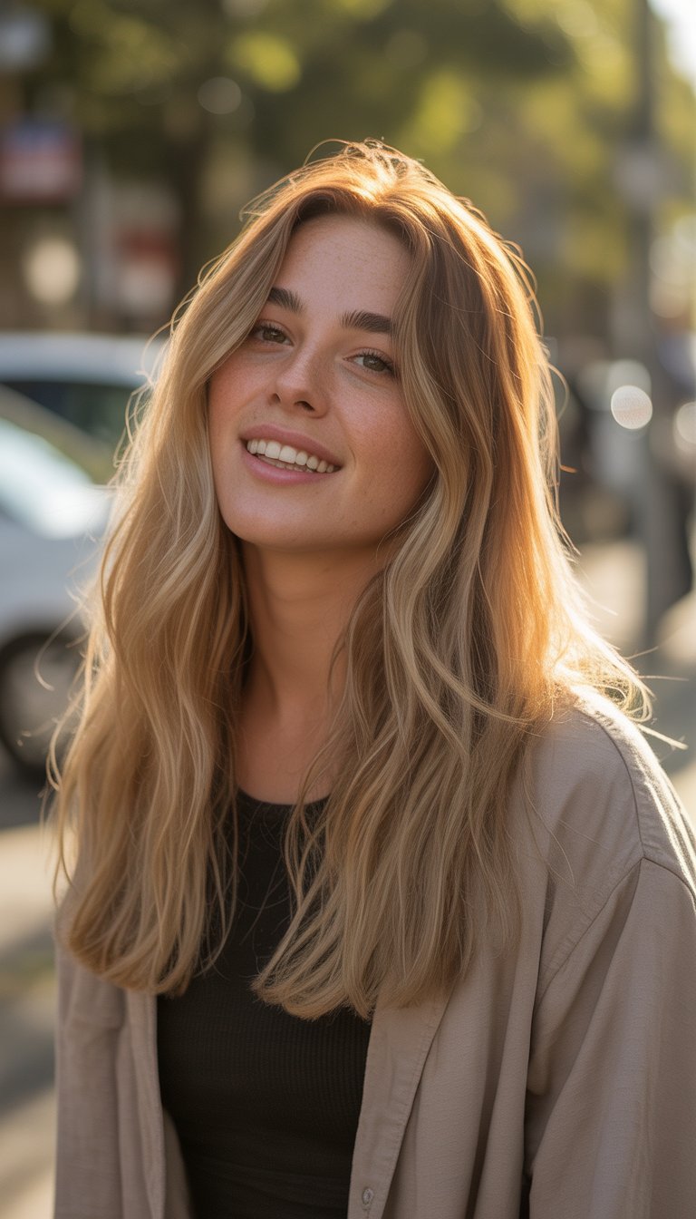 A young woman with golden blonde hair standing outdoors in soft warm light, wearing casual clothes and smiling naturally.