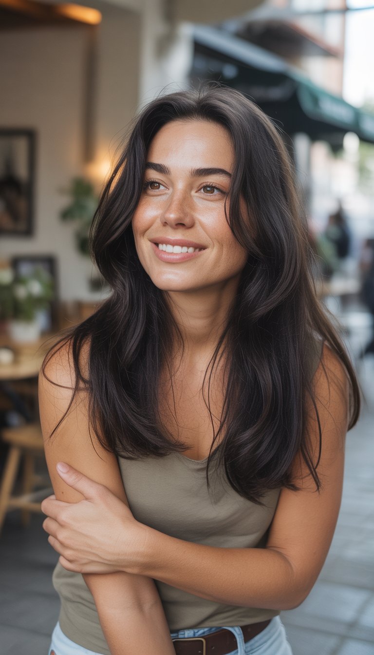 A woman with off-black hair in casual clothing smiling naturally in an everyday indoor setting.