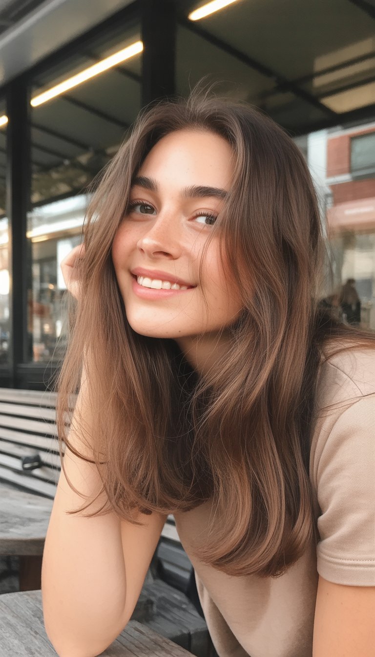 A young woman with light brown hair sitting outdoors, smiling softly in a casual setting.