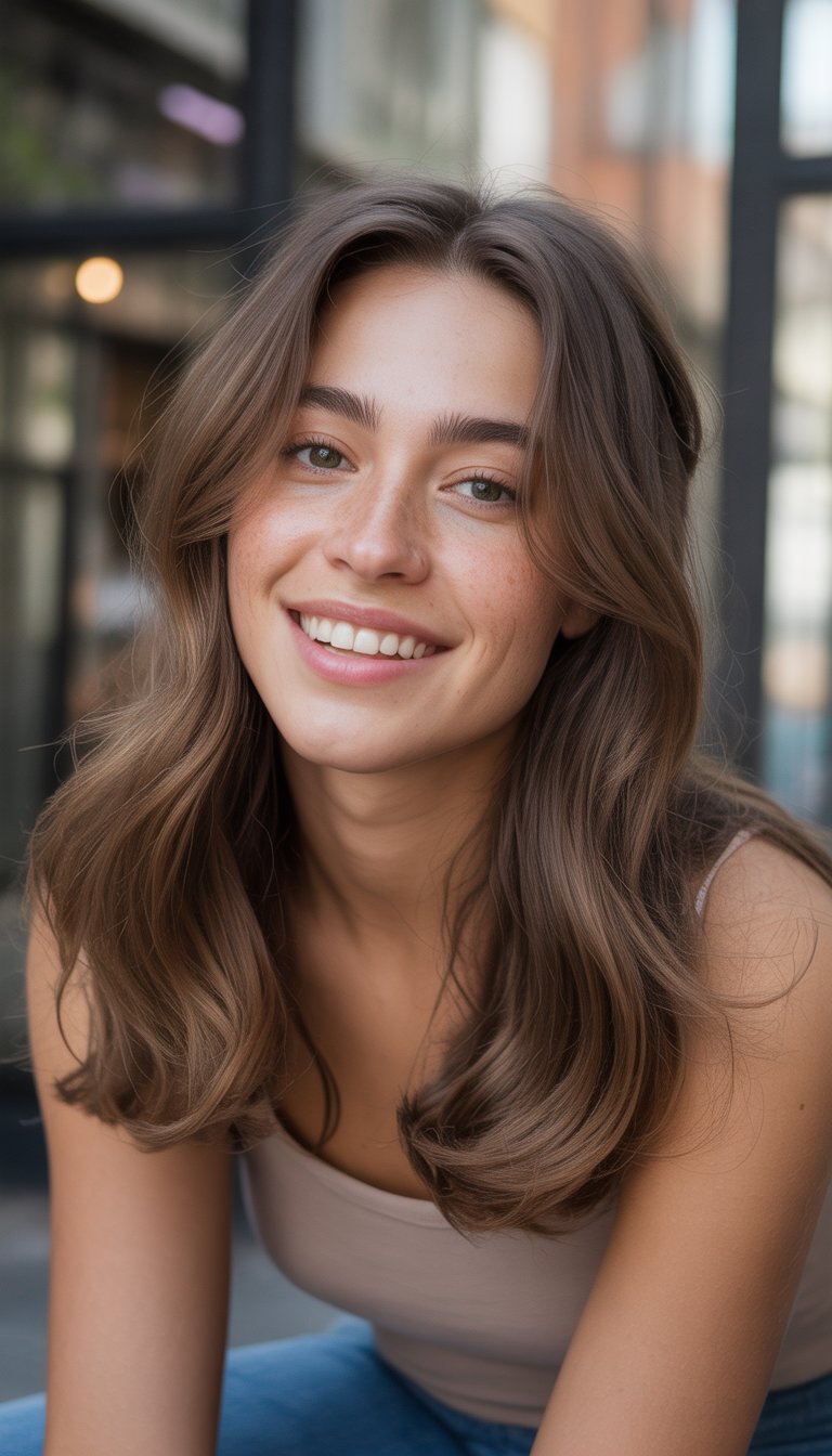 A young woman with mocha mousse hair color standing in a casual indoor or outdoor setting, smiling naturally.