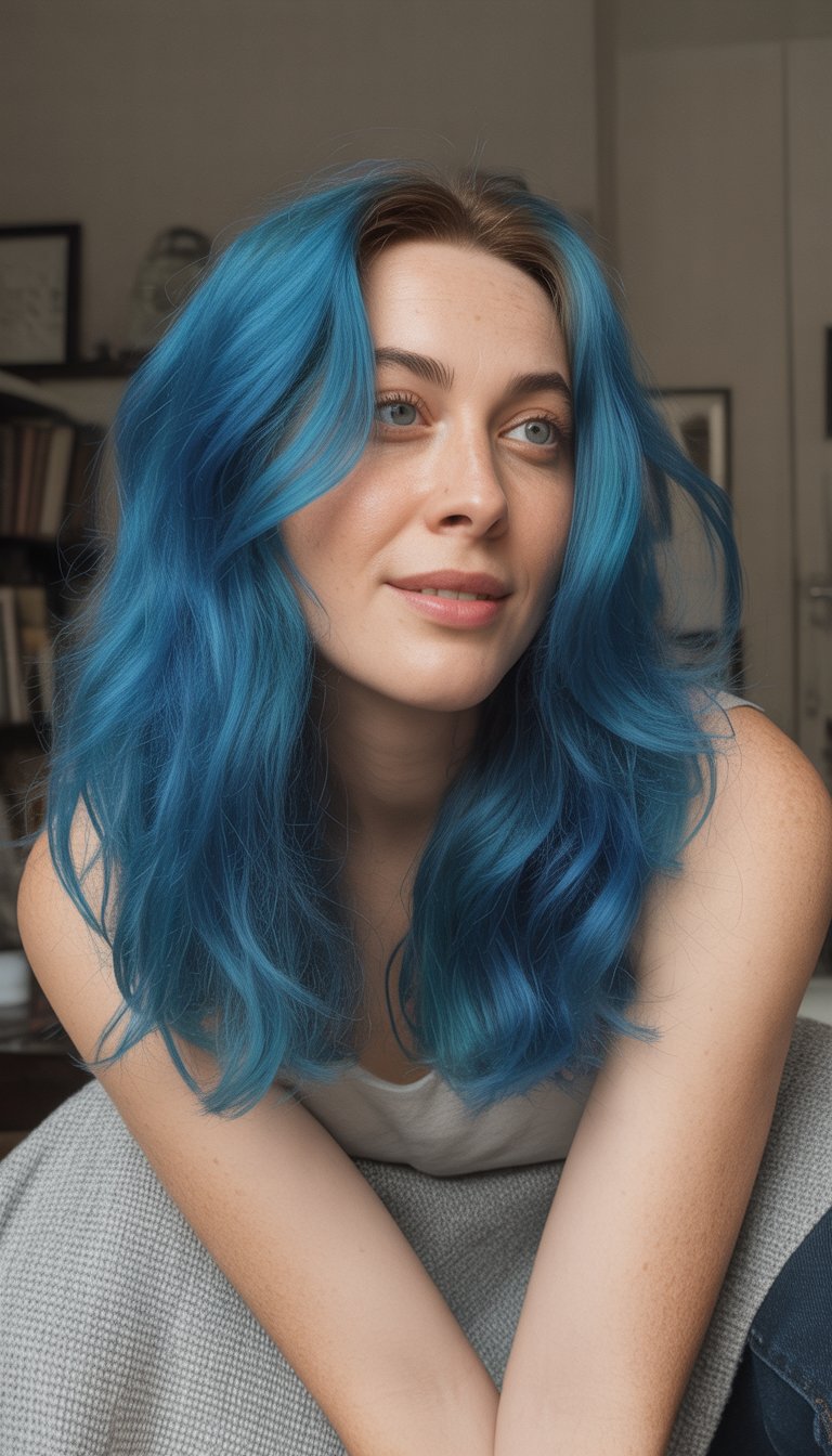A woman with electric blue wavy hair smiling naturally in a casual indoor setting.