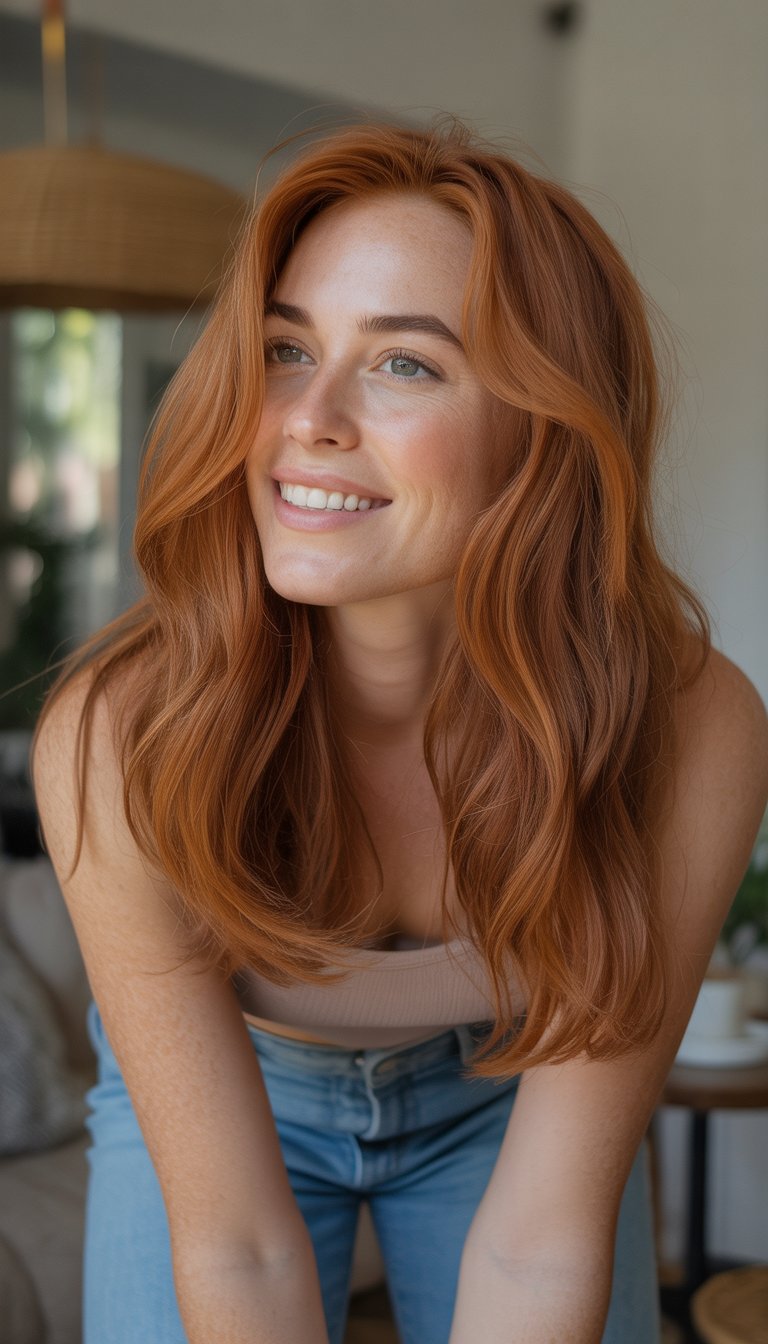 A woman with copper-colored hair wearing casual clothes, smiling naturally in a simple everyday setting.