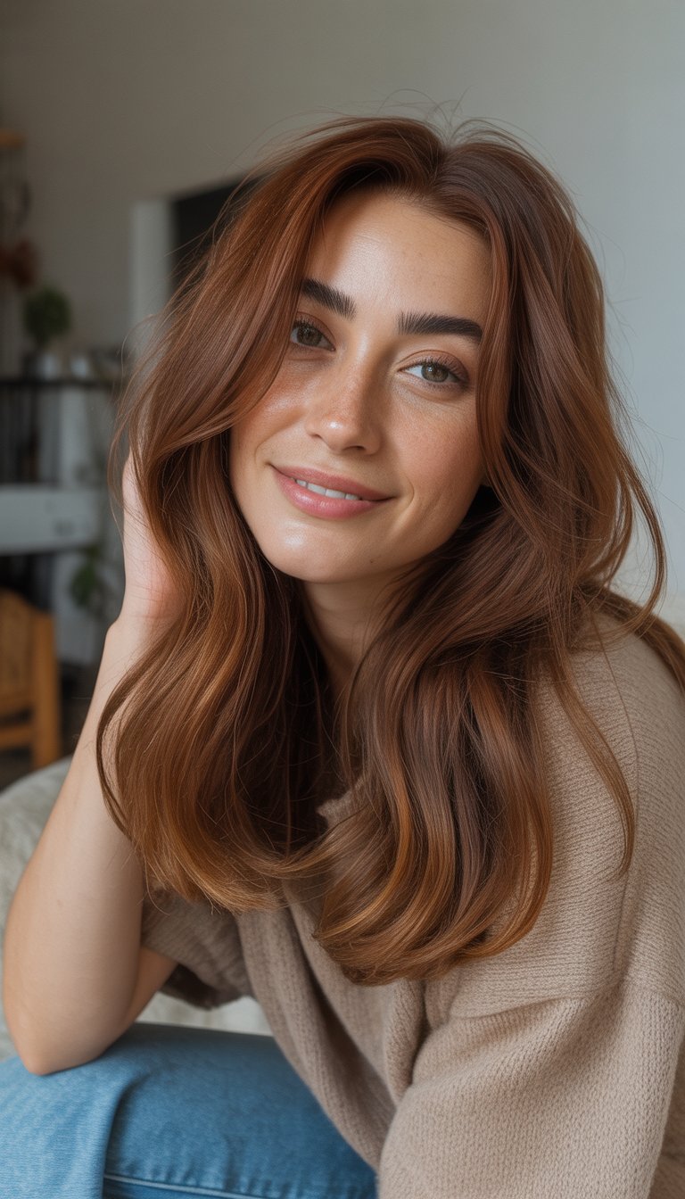 A brunette woman with warm undertones in her hair, wearing casual clothes, standing in a simple everyday setting with a relaxed expression.