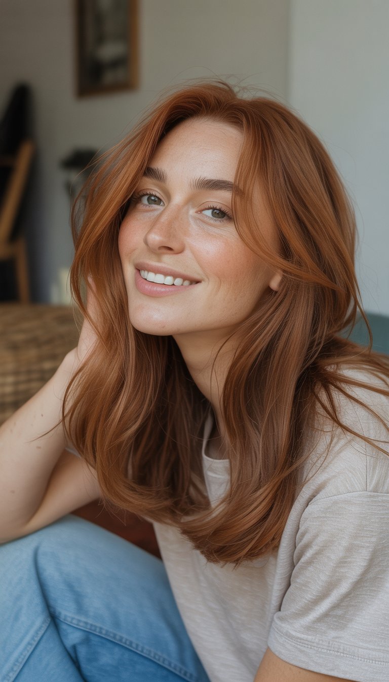 A woman with pumpkin spice brown hair smiling naturally in a casual indoor or outdoor setting.
