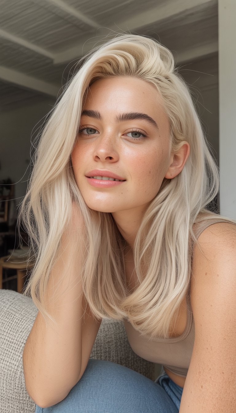 A young woman with platinum blonde hair smiling naturally in a casual indoor setting.